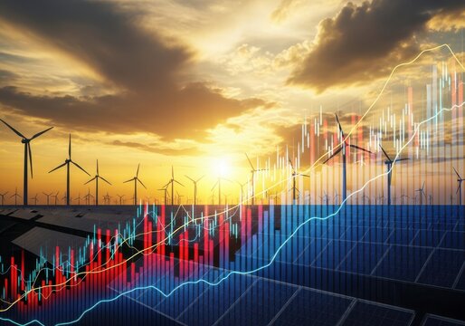 Renewable energy sources like wind turbines and solar panels at sunset, overlaid with financial stock market graphs and charts