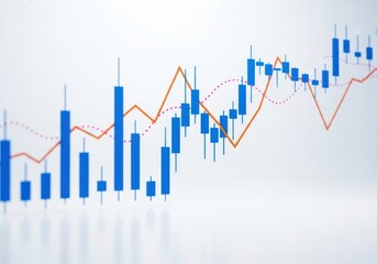 Financial candlestick chart showing upward trend with orange line and dotted line on a light background
