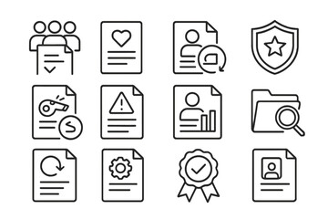Ethics Line Icons. Line style icons of ethics and integrity appeals: committee with document icon, moral concern file, appeal for