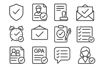 School Admissions Icons. Line style icons of school admissions approvals: accepted school badge, student file approved,