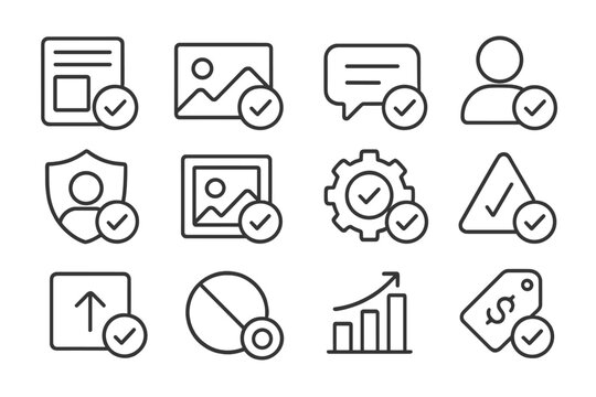 Social Media Icons. Line style icons of social media content approvals: approved post icon, photo published, comment visible,