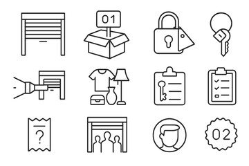 Storage Auction Icons. Line style icons of storage unit auctions: storage door icon, box with bid number, winning padlock tag,