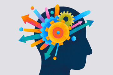 Creative representation of the human mind with gears and arrows