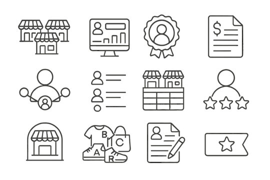 Marketplace Icons Overview. Line style icons of multi-vendor marketplace: multiple storefront icons, vendor dashboard, seller