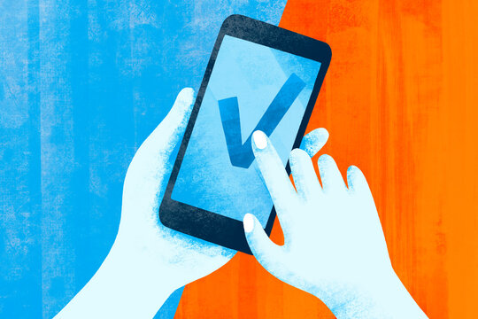 Hands using a smartphone to check off a task or approval