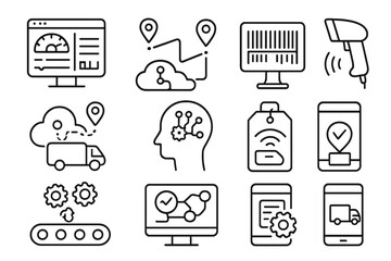 Logistics Technology Icons. Line style icons of logistics technology: logistics software dashboard, GPS tracking icon, barcode