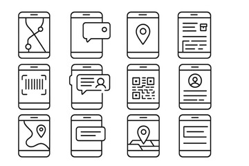 Mobile Tracking Icons. Line style icons of mobile tracking apps: smartphone with route map, app notification popup, mobile