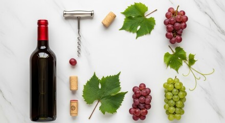 Elegant composition of wine bottle grapes and corkscrew on white surface