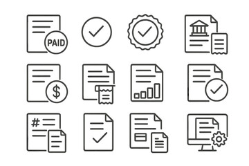 Line Style Invoice Icons. Line style icons of invoice transactions: invoice with payment received stamp, transaction matched icon,