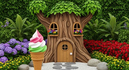 Treehouse fantasy garden ice cream cone summer whimsical fairytale