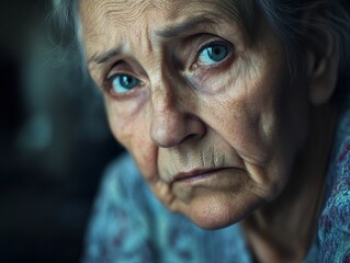 Obraz premium Portrait of a thoughtful older woman with blue eyes, wrinkled skin, and expressive facial features. She seems to be in deep contemplation or experiencing melancholy.
