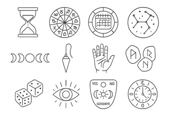 Time and Divination Icons. Line style icons of time and divination items: hourglass, zodiac circle, calendar wheel, star map; moon