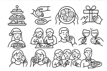 Cookie Party Icons. Line style icons of cookie party elements: cookie buffet, cookie exchange, plate pass, gift share; holiday