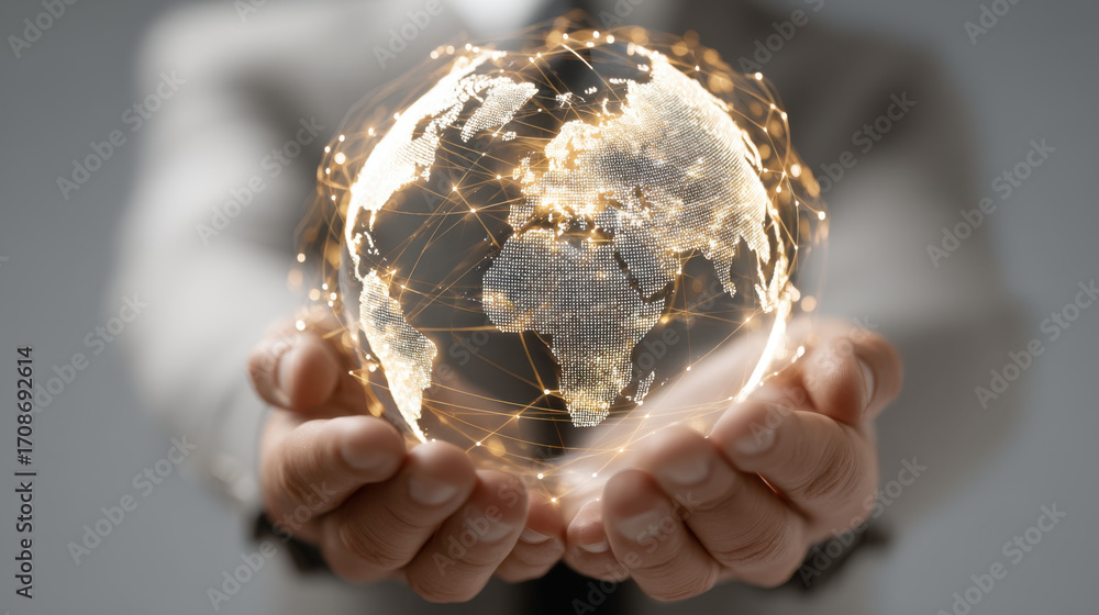 Poster person holds glowing globe representing world, with interconnected lines symbolizing global connecti