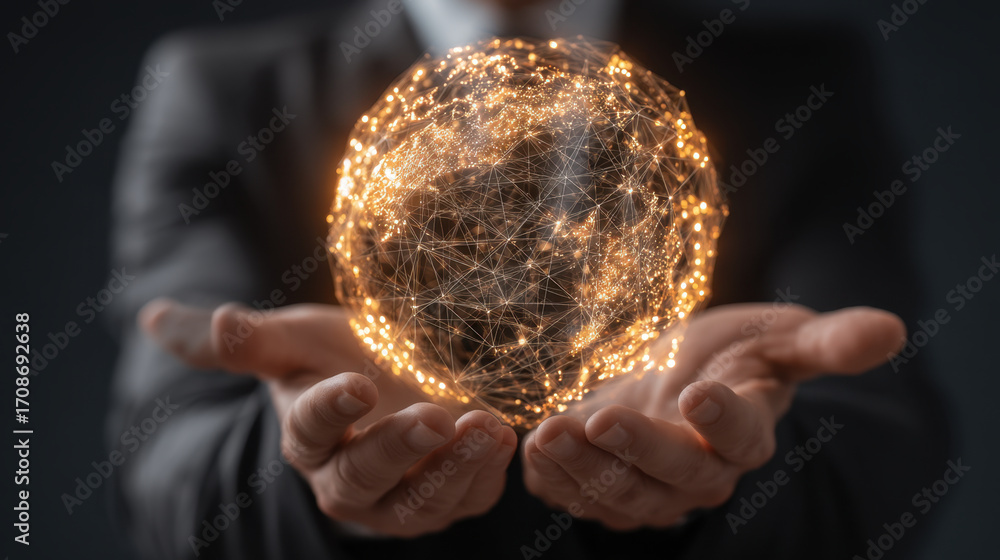 Poster hands holding glowing globe representing global connectivity and technology, with intricate lines an