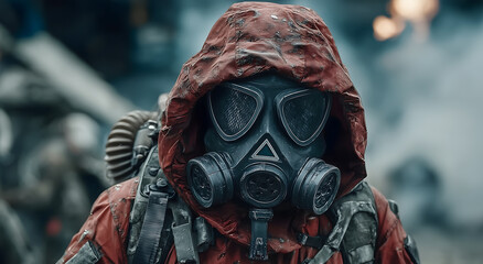 Post apocalyptic survivor in gas mask and red hood standing in ruined city, dystopian concept of toxic environment and survival in hazardous world
