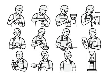 Barista Line Icons. Line style icons of barista actions: pouring milk, tamping espresso, grinding beans, steaming milk; serving