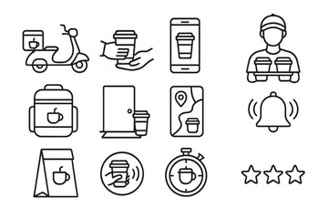 Line Style Coffee Delivery Icons. Line style icons of coffee delivery: scooter with coffee box, delivery handoff, coffee app