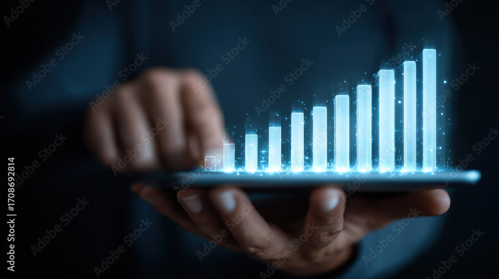 Poster digital graph showing growth on tablet, with glowing bars representing increasing data. image convey