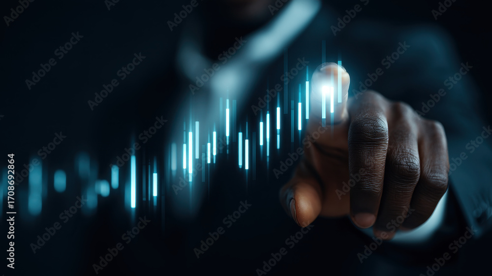 Poster business professional interacts with digital graph, showcasing data analysis and technology. image c