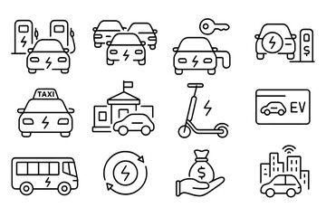 EV Service Icons. Line style icons of public EV services: community EV chargers, fleet EV icons, car rental electric,