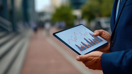 Businessman analyzing financial data on tablet outdoors, showcasing graphs and charts. urban setting adds professional touch to analysis