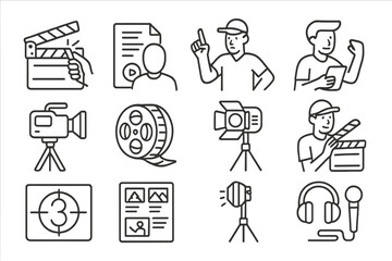 Movie Production Icons. Line style icons of movie production: clapperboard snap, script read, director giving signal, actor