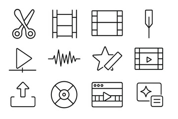 Video Editing Icons. Line style icons of video editing: scissors icon, trim bar, timeline frames, cut marker; playhead icon, audio