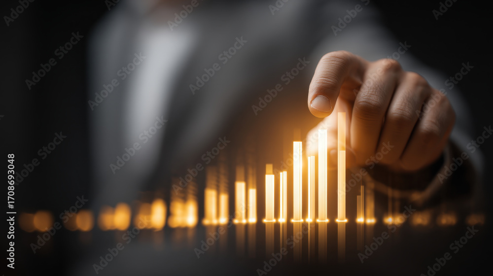 Poster businessman interacting with glowing data visualization, representing growth and analytics in modern