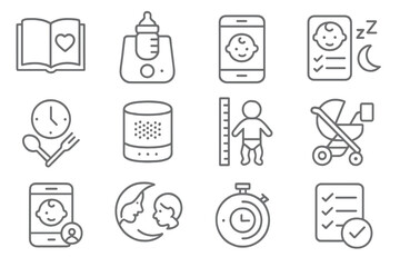 Parenting Essentials Icons. Line style icons of new parent tools: parenting book, bottle prep machine, phone with baby app, sleep