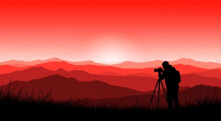 Photographer landscape silhouette mountain range red sunset art