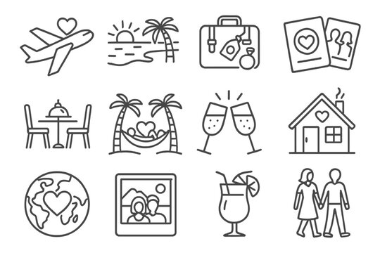 Honeymoon Icon Set. Line style icons of honeymoon elements: airplane with heart, beach sunset, suitcase with ring tag, couple