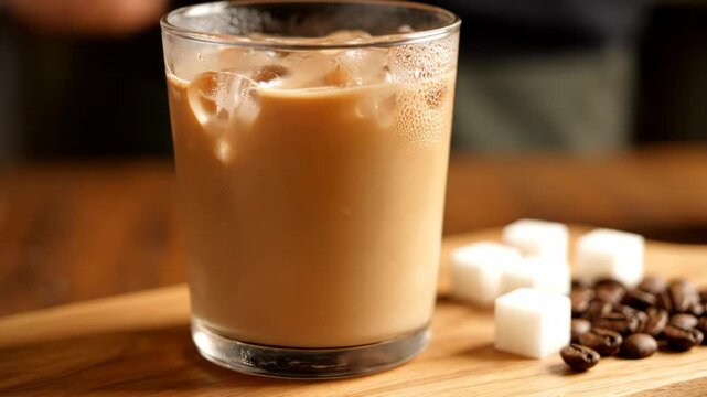 Iced Coffee with Milk and Sugar Cubes - A glass of iced coffee with milk is served on a wooden board. Next to the coffee are sugar cubes and roasted coffee beans.