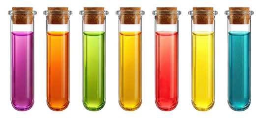 Set of laboratory test tubes with colorful liquids, isolated on transparent cutout background