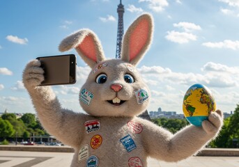 Bunny Traveler in Paris: A whimsical bunny, adorned with travel stickers, snaps a selfie against the backdrop of the iconic Eiffel Tower.
