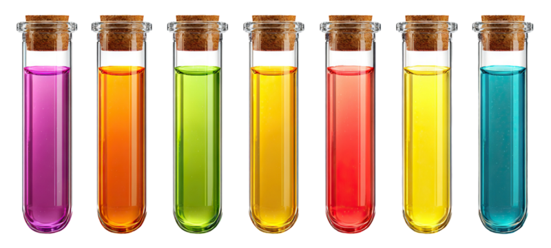 Set of laboratory test tubes with colorful liquids, isolated on transparent cutout background - Powered by Adobe