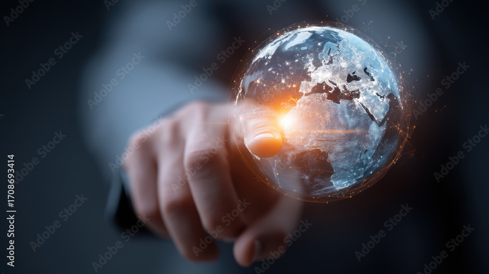 Poster hand reaching towards glowing globe, symbolizing global connection and technology. earth is illumina