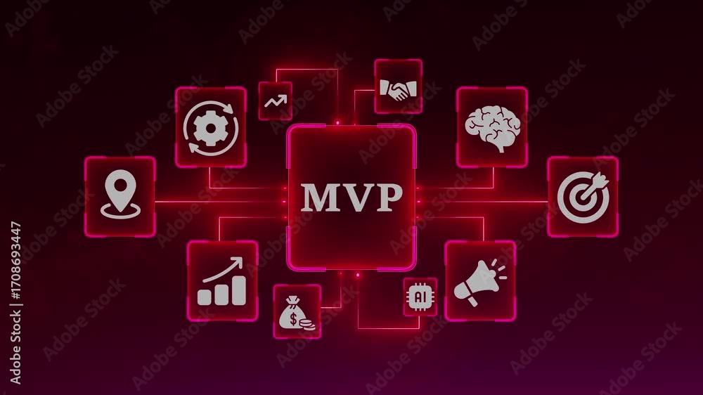 Poster minimalist mvp concept diagram with glowing pink nodes and icons on dark red background minimum viab