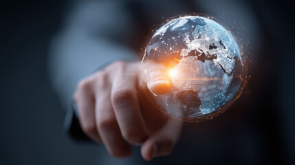 Hand reaching towards glowing globe, symbolizing global connection and technology. earth is illuminated with bright lines, representing data flow and communication