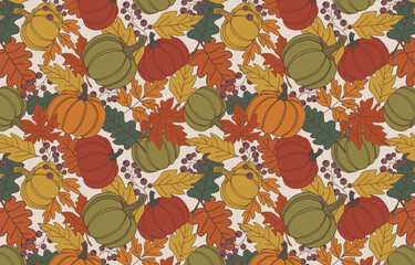 Hand drawn autumn seamless background. Vector illustration with pumpkins, fall leaves, and berries in a charming, vintage style. For fabric, wallpaper, greeting cards, wrapping, and harvest festival 