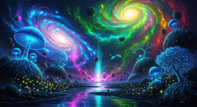 A vibrant cosmic landscape with glowing mushrooms and swirling galaxies above - Powered by Adobe