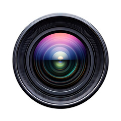 Round professional camera lens with colorful glare, isolated on transparent cutout background