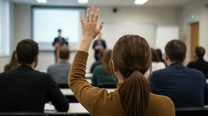 Student raising hand in classroom during a lecture