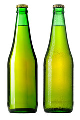 Two green beer bottles with condensation on transparent background