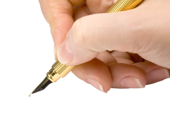 Hand holding golden pen writing on transparent background
