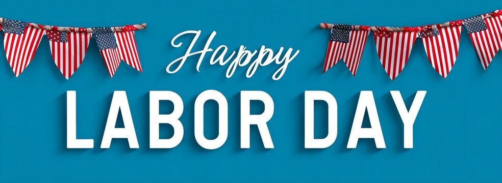 Happy Labor Day Banner with American Flag and White Text on Blue Background for Worker’s Festival Celebration
