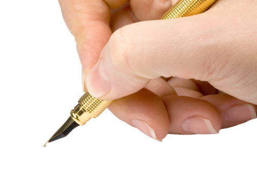 Hand holding golden pen writing on transparent background