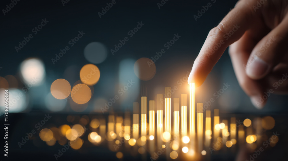 Poster person interacts with digital interface displaying glowing data visualizations, symbolizing technolo