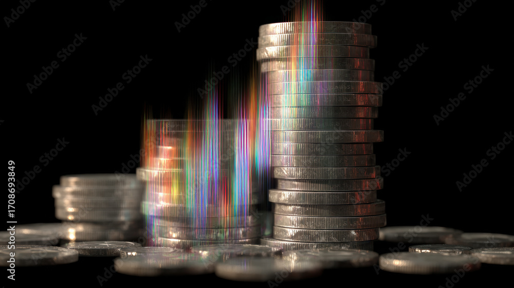 Aufkleber stacks of coins with colorful light effect create vibrant and dynamic visual representation of wealt