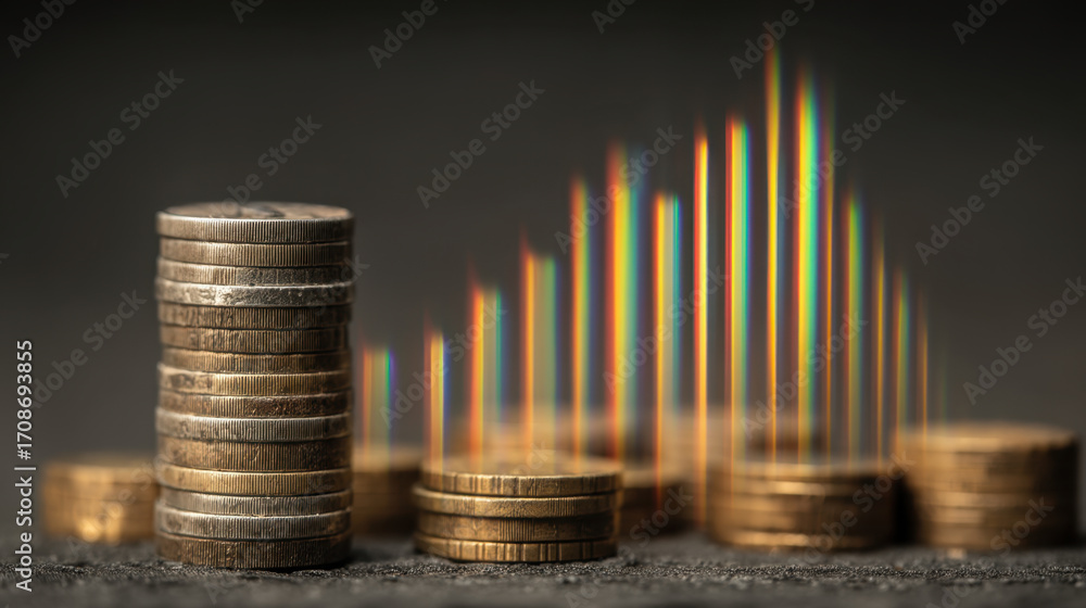 Poster stacked coins with colorful graph representation in background symbolize financial growth and invest